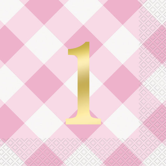 Pack of 16 Pink Gingham 1st Birthday Luncheon Napkins