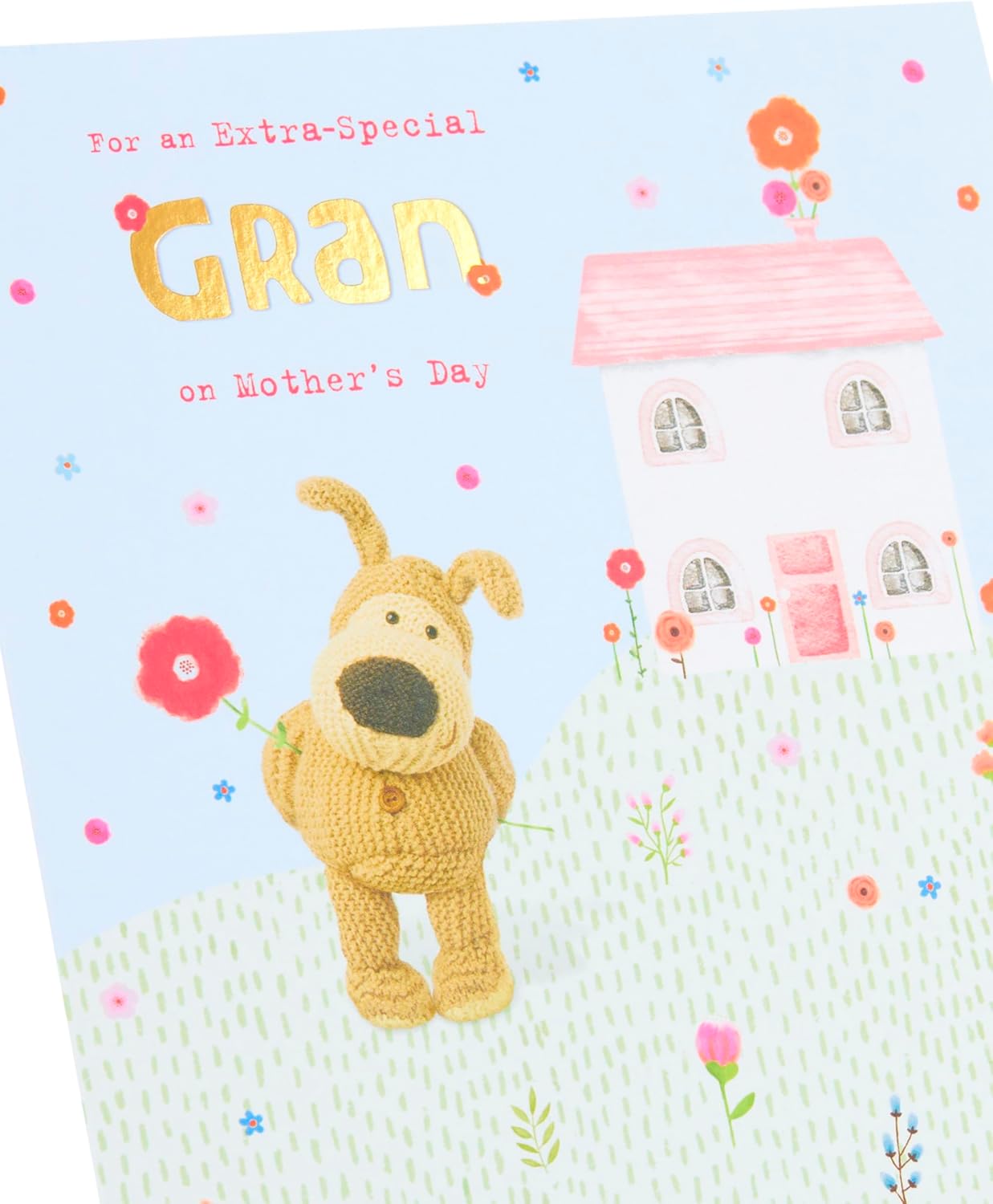 Boofle Stood Holding A Flower Next To A House Gran Mother's Day Card