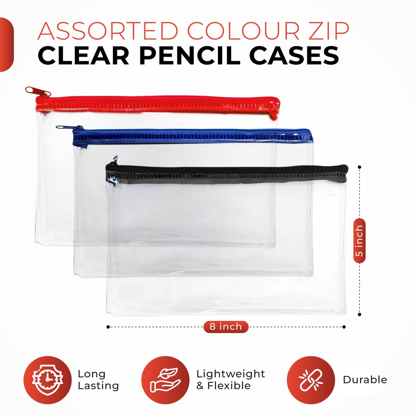 Janrax 8x5" Red Zip Clear Exam Pencil Case