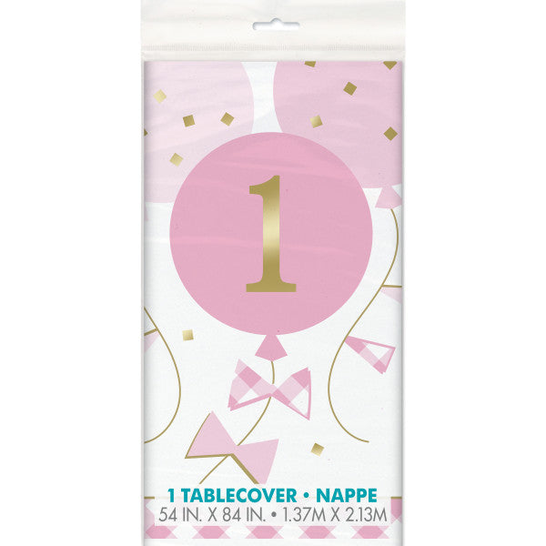 Pink Gingham 1st Birthday Rectangular Plastic Table Cover, 54"x84"