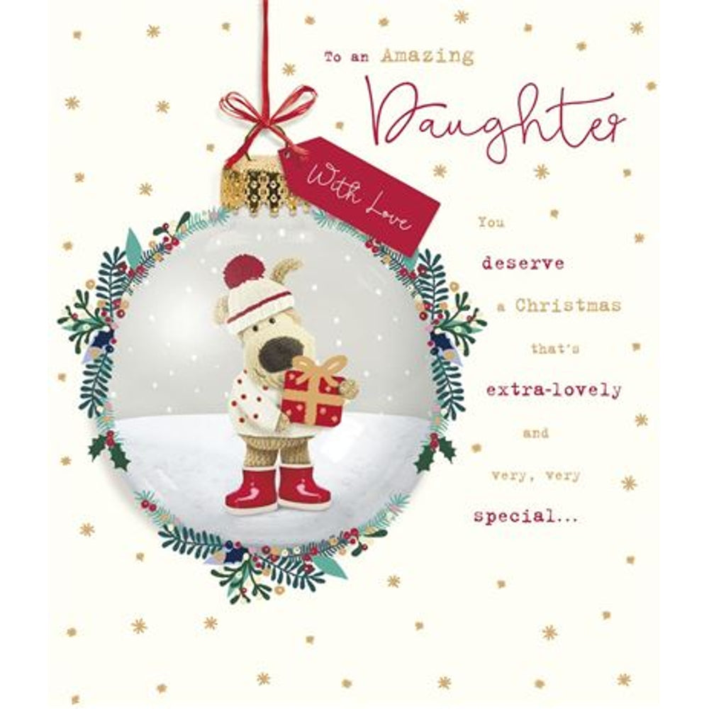 Boofle in Bauble Holding Present Daughter Christmas Card