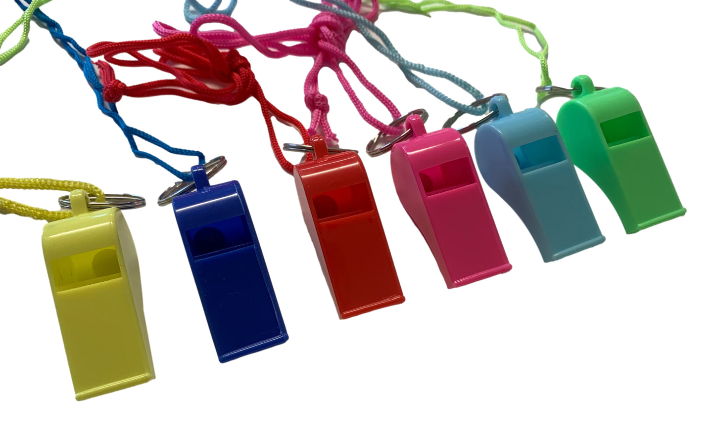 Pack of 100 Assorted Colour Whistles with Lanyards