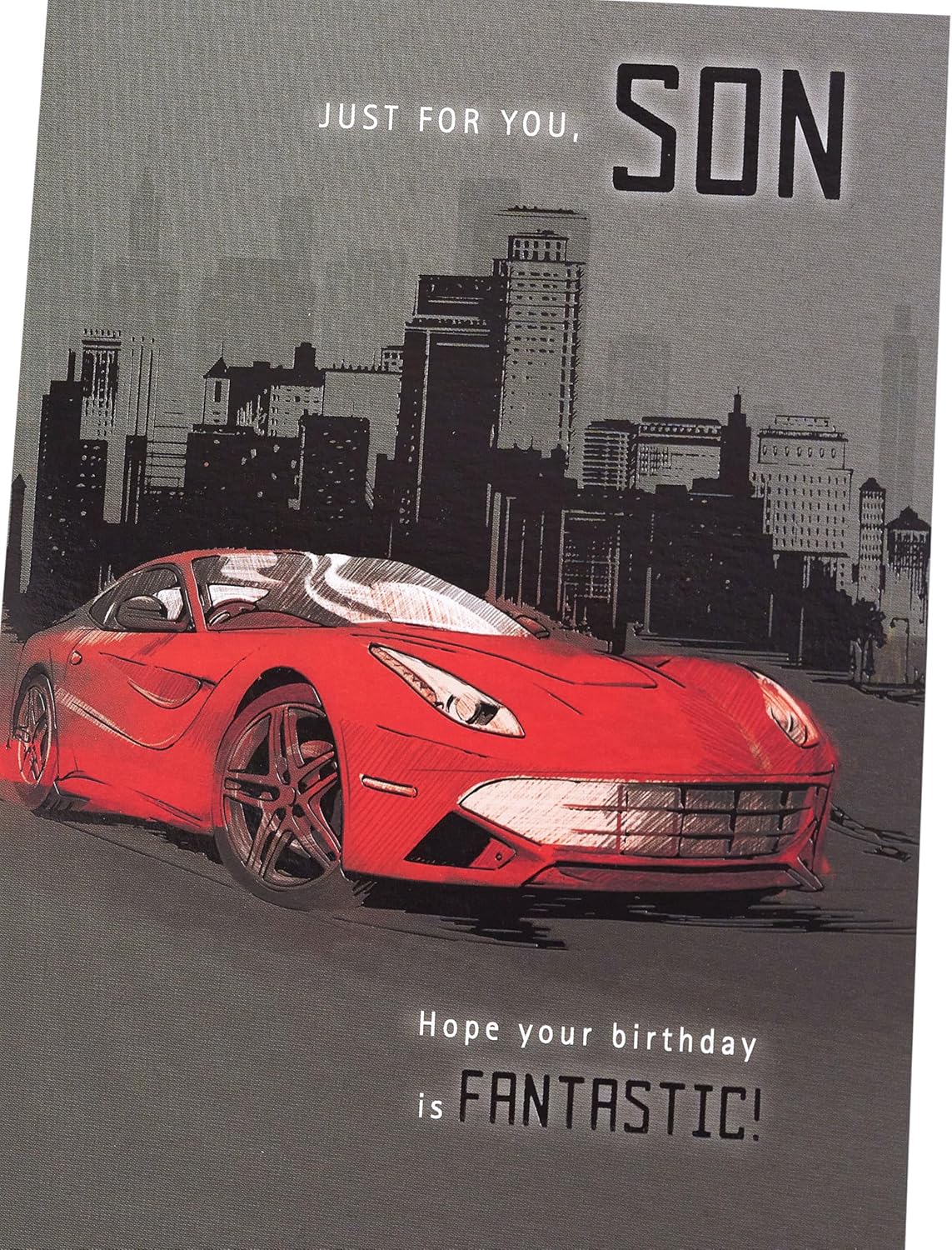 Red Car With City Behind Design Son Birthday Card