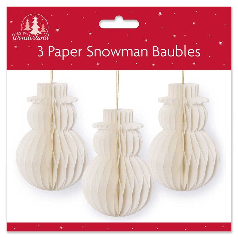 Pack of 3 Snowman Honeycomb Paper Christmas Baubles Decorations