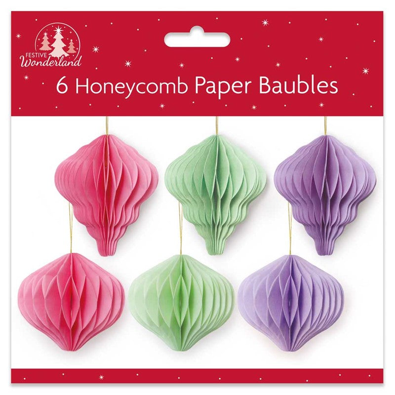 Pack of 6 Bright Assorted Honeycomb Paper Christmas Baubles Decorations