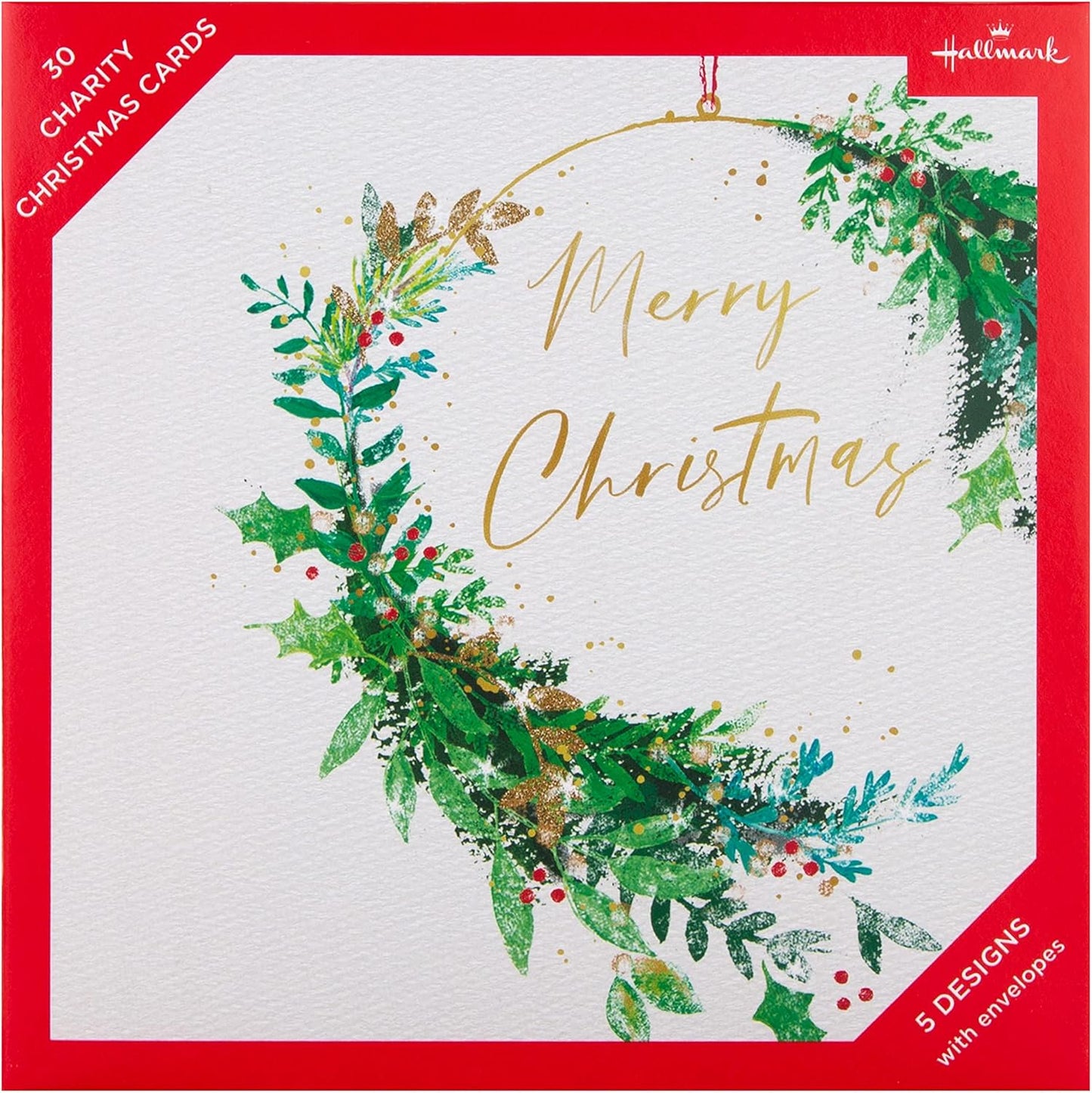 Pack of 30, 5 Festive Wreath Designs Boxed Christmas Cards