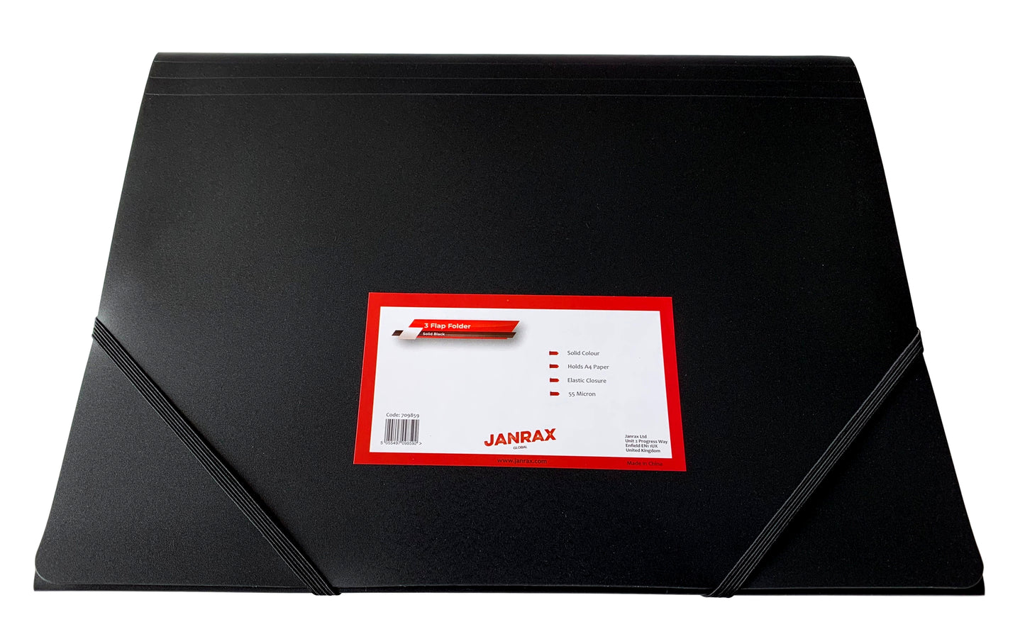 Janrax A4 Black 3 Flap Folder with Elasticated Closure