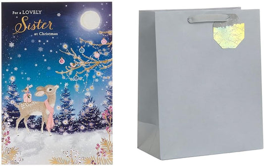 Lovely Sister Christmas Card + Large Silver Gift Bag with Tag