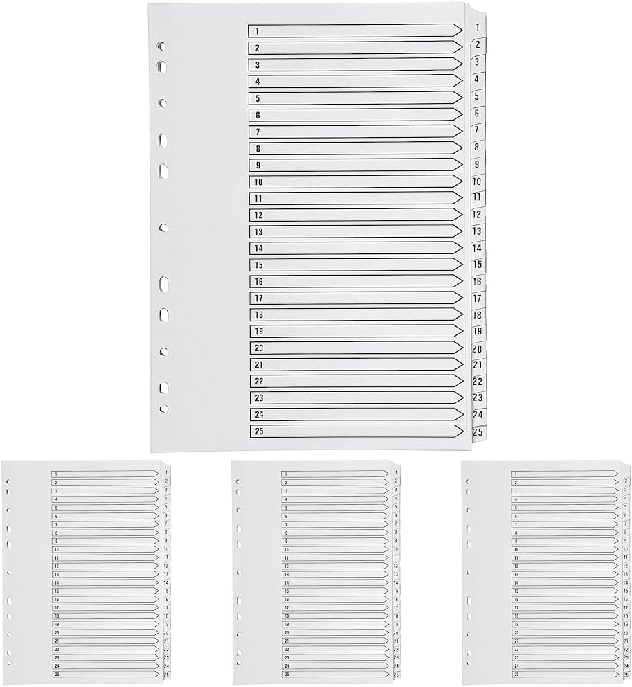 Pack of 4 A4 White 1-25 Multi-Punched Reinforced Board Clear Tab Index