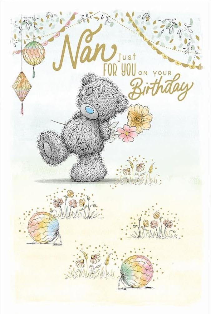 Bear With Flowers Behind Back Nan Birthday Card