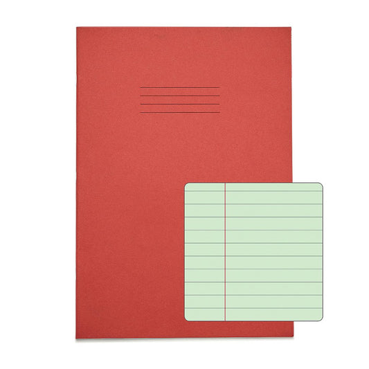 Pack of 10 Rhino A4 48 Page Red with Green Tinted Paper 8mm Lined with Margin Exercise Books