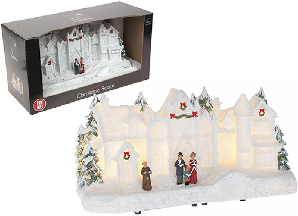 Battery Operated Light Up Resin White House Christmas Scene