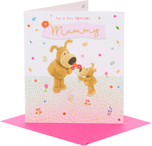 Little Boofle Handing Flowers To A Big Boofle Mummy Mother's Day Card