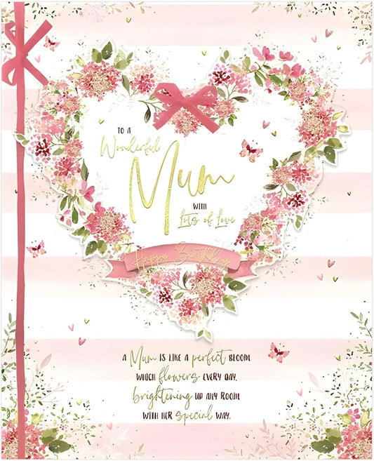 Pink Heart Wreath Wonderful Mum Birthday Large Boxed Card