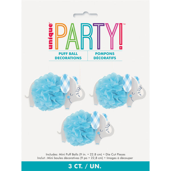 Pack of 3 Blue Floral Elephant 9" Hanging Tissue Pom Pom Decorations