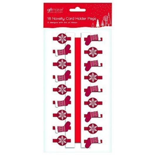 18 x Wooden Novelty Red Snowflake & Stocking Christmas Card Holder Pegs & 2 Metres of Ribbon