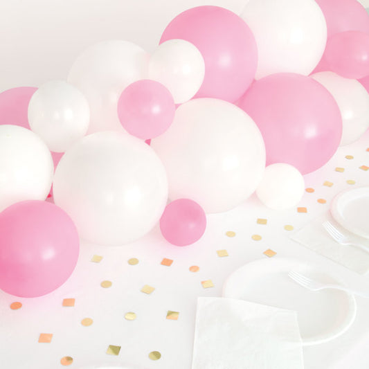 Pink, White & Gold Balloon Garland Table Runner with Foil Confetti Cutouts