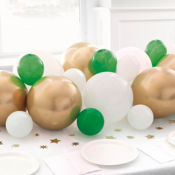 Modern Christmas Dark Green, White, & Gold Balloon Garland Table Runner with Foil Confetti Cutouts