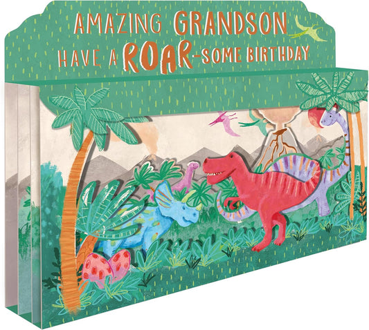 Spectacular 3D Roar-Some Dinosaur Scene Grandson Birthday Card