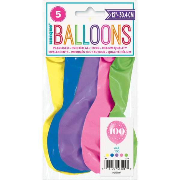 Pack of 5 Number 100 12" Latex Balloons