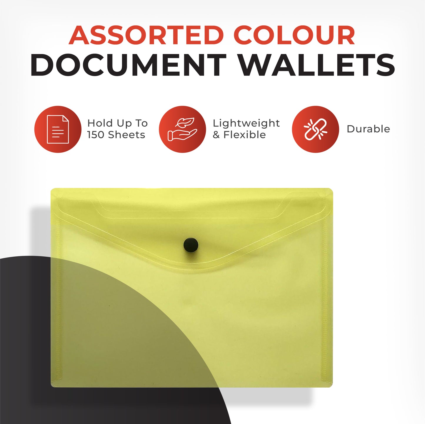 Pack of 100 A5 Assorted Colour Plastic Document Wallets Stud Button Closure Folders