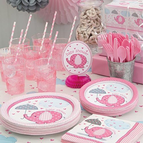 Pack of 8 Baby Shower Umbrellaphants Pink Round 9" Dinner Plates