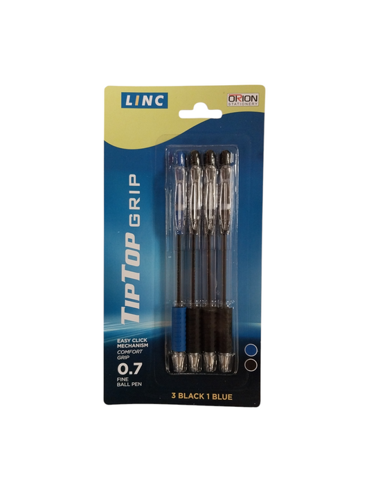 Pack of 4 Tip Top Grip Pen 3 Black 1 Blue