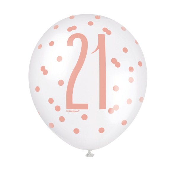 Pack of 6 12" Birthday Rose Gold Glitz Number 21 Latex Balloons