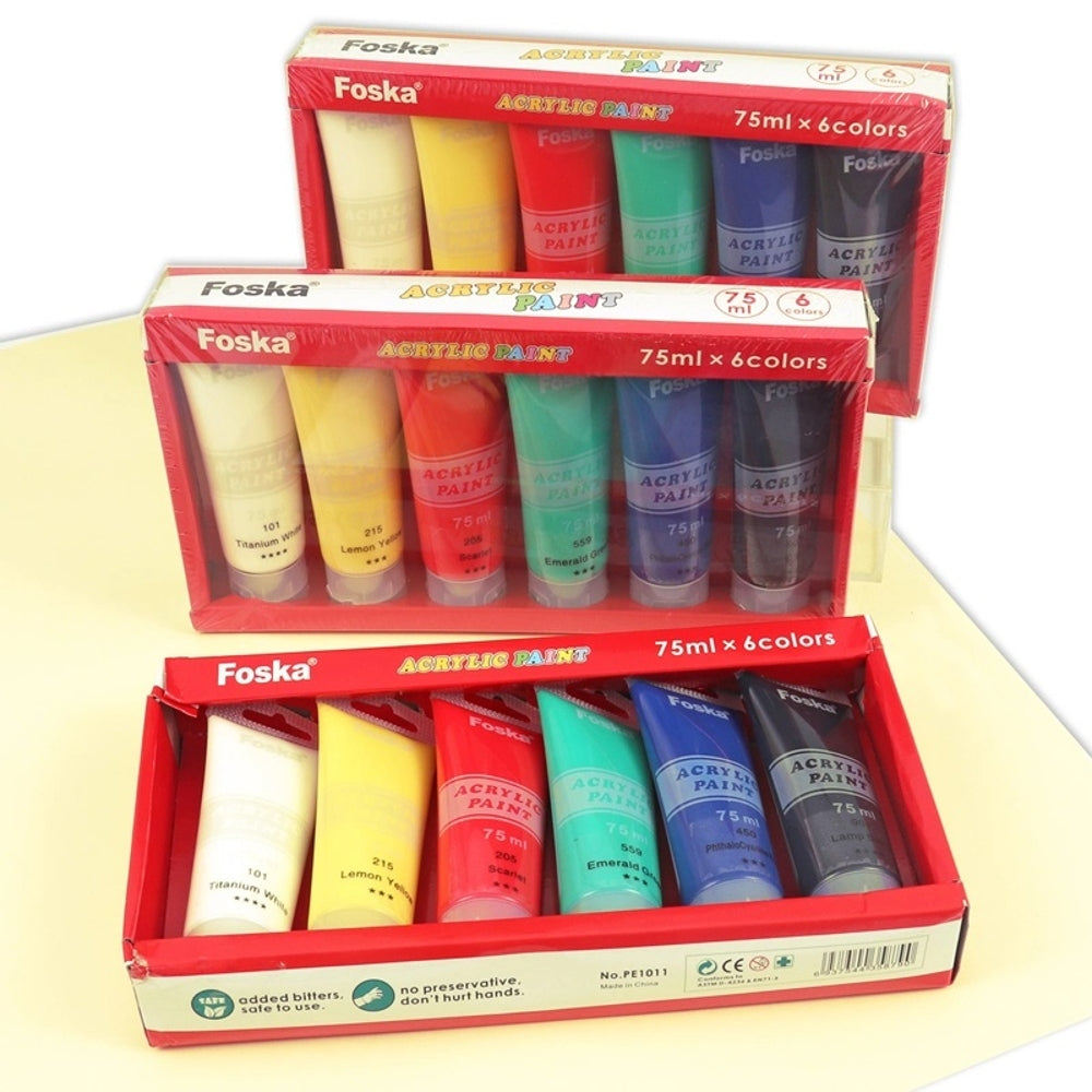 Pack of 6 75ml Professional Quality Acrylic Colour