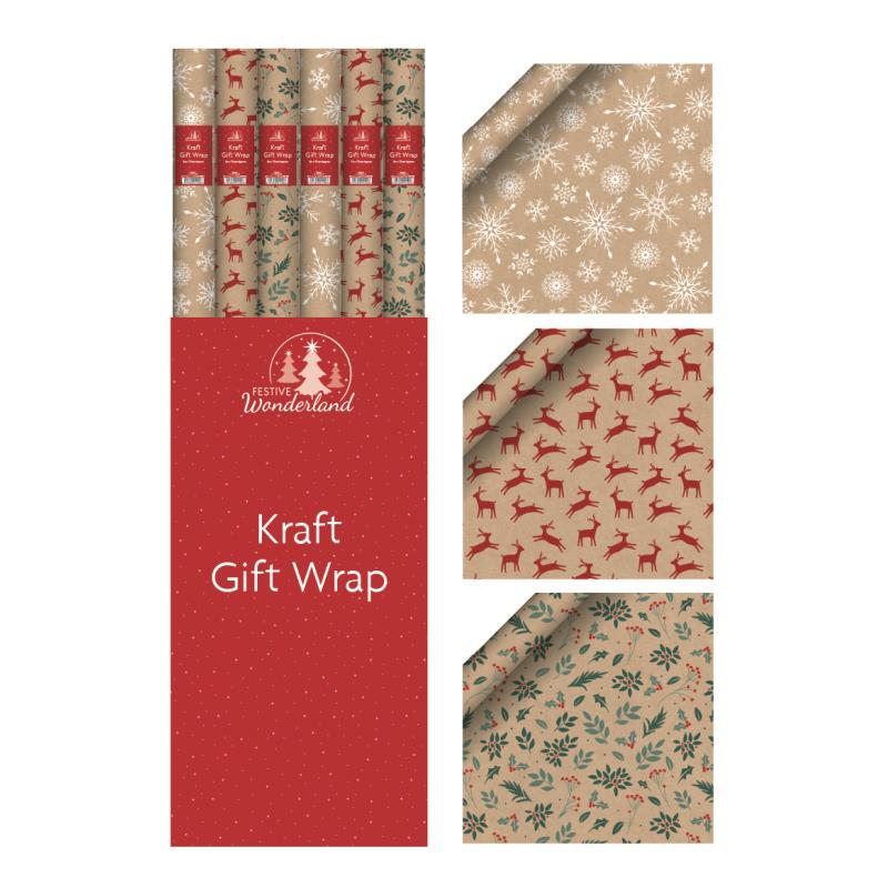 Christmas Designs Printed Kraft Wrap 3mx70cm 