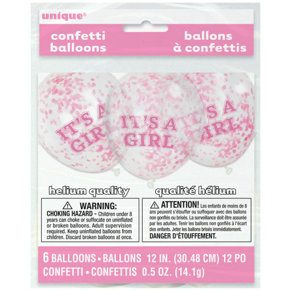 Pack of 6 Girl Clear Latex Balloons with Pink Confetti 12"