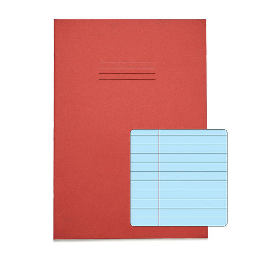 Pack of 10 Rhino A4 48 Page Red with Blue Tinted Paper 8mm Lined with Margin Exercise Books