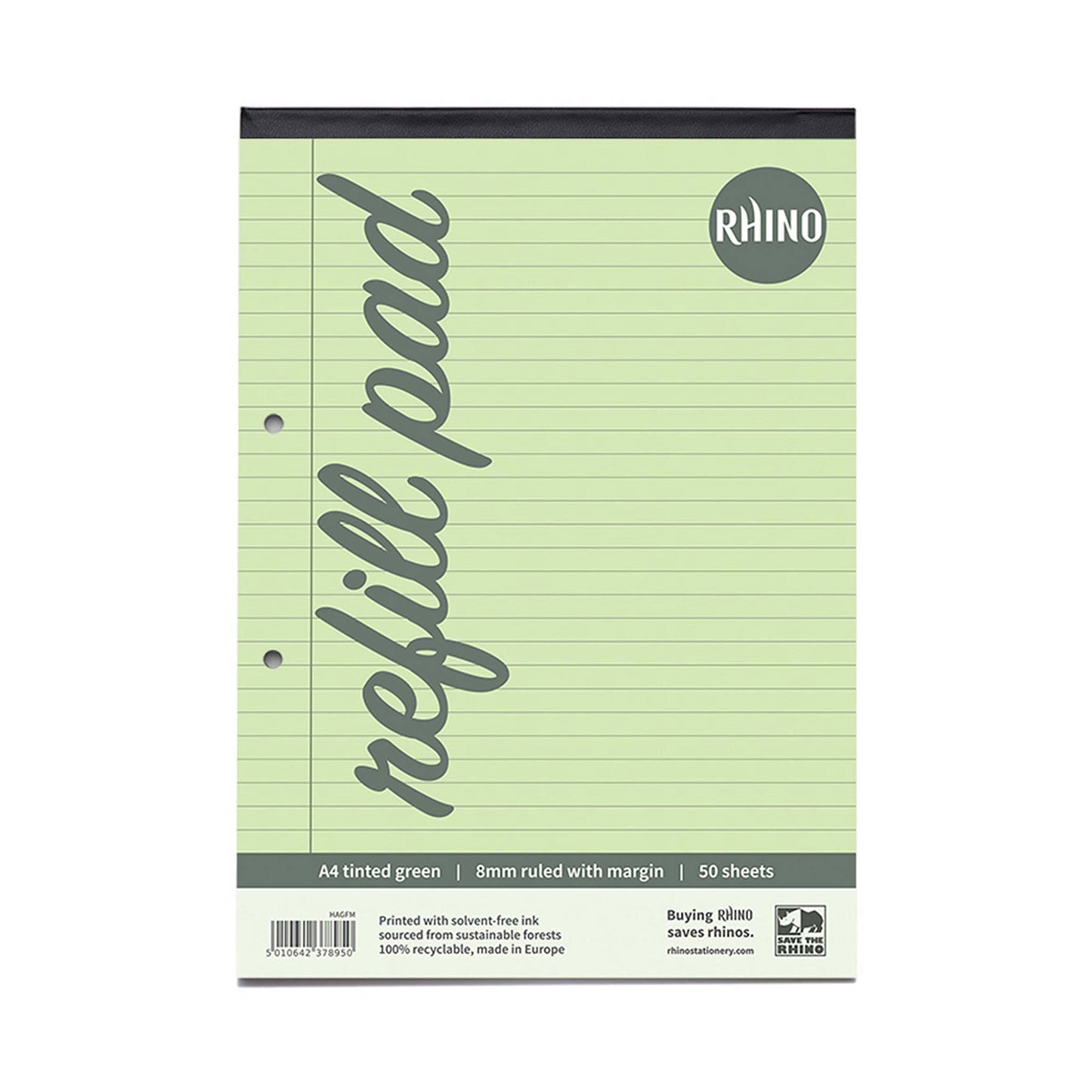 Pack of 6 Rhino A4 Green Paper 100 Page 8mm Lined with Margin Refill Pads