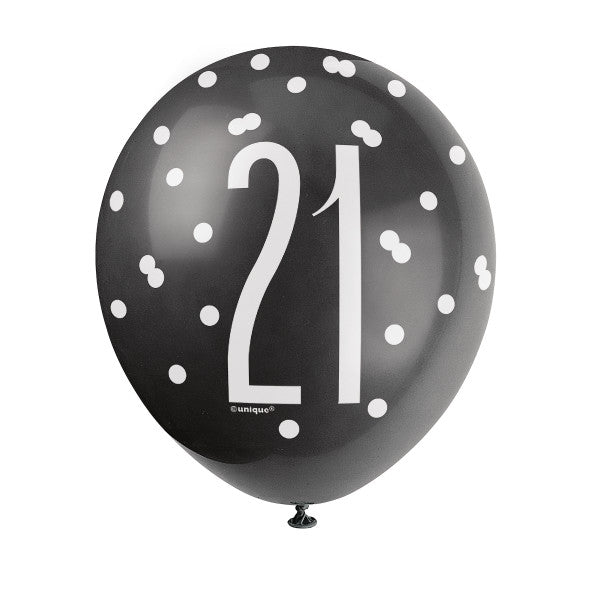 Pack of 6 Birthday Black Glitz Number 21 12" Latex Balloons