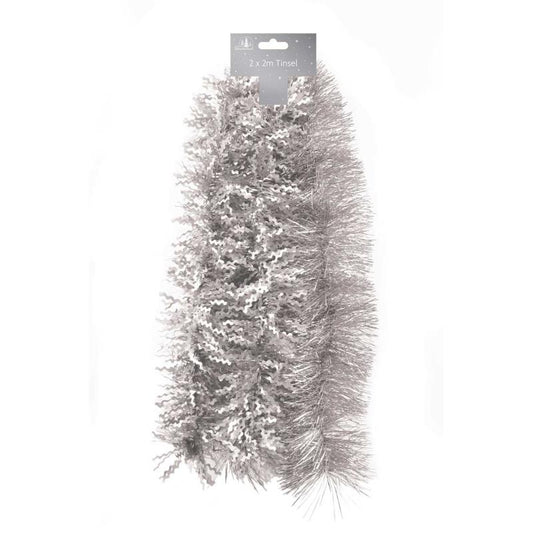 Pack of 2 2m Fine Cut And Matt Zig Zag Silver Christmas Tinsel