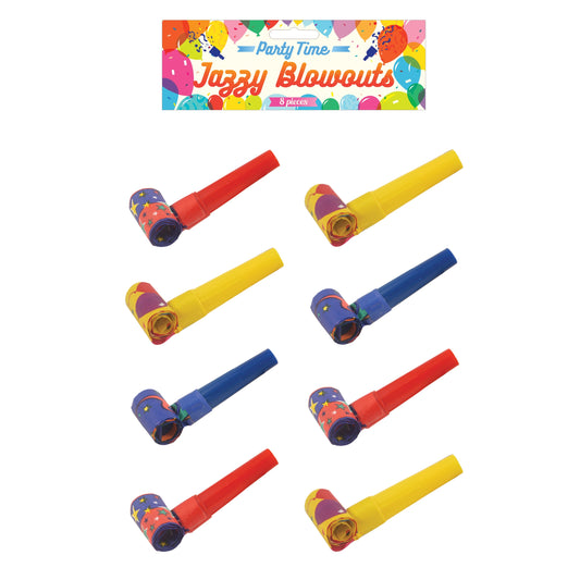 Pack of 8 Party Time Jazzy Design Blowout 4cm (Assorted colours)