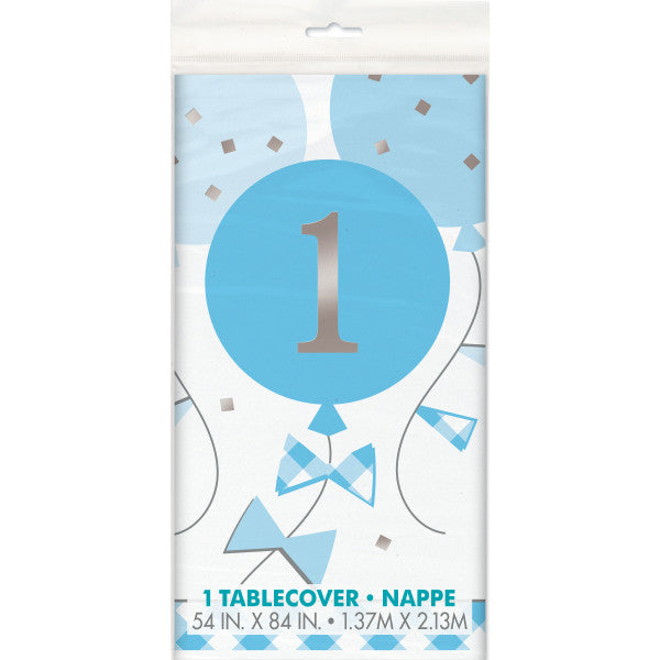 Blue Gingham 1st Birthday Rectangular Plastic Table Cover, 54"x84"