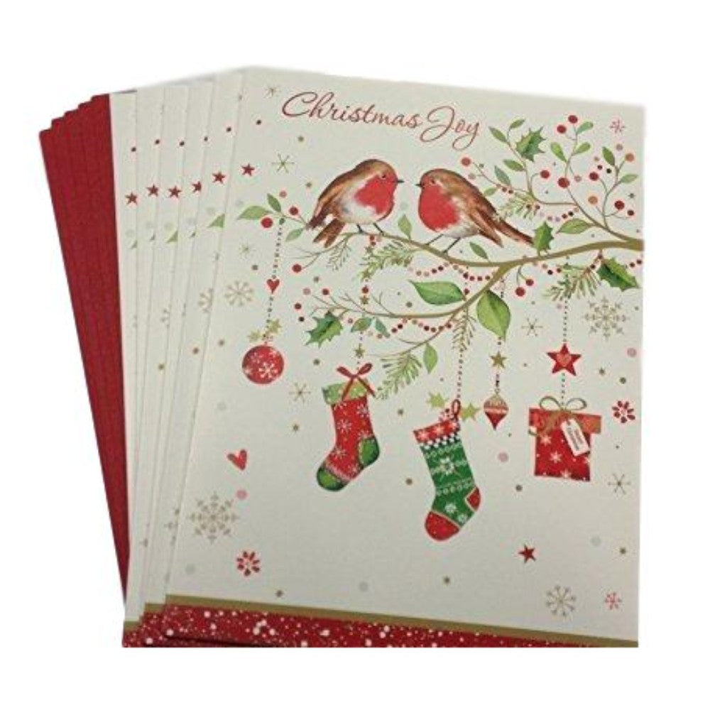 Pack of 6 'Tree Robins & Present' Design Christmas Greeting Cards