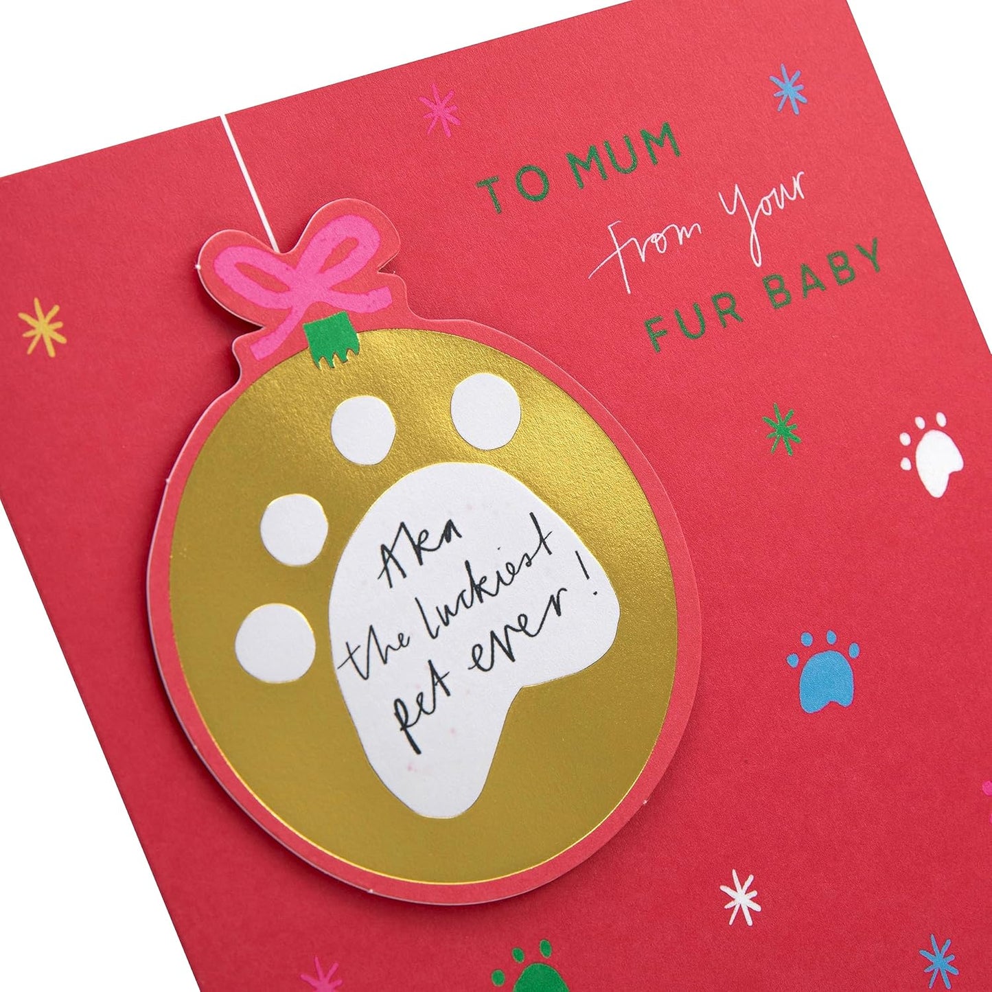 Fun Paw Print Bauble Pink Design Christmas Card for Mum from the Pet