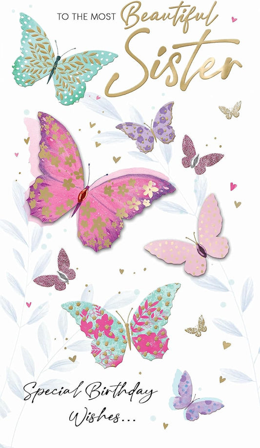 Embellished & Foiled Butterflies Sister Birthday Card