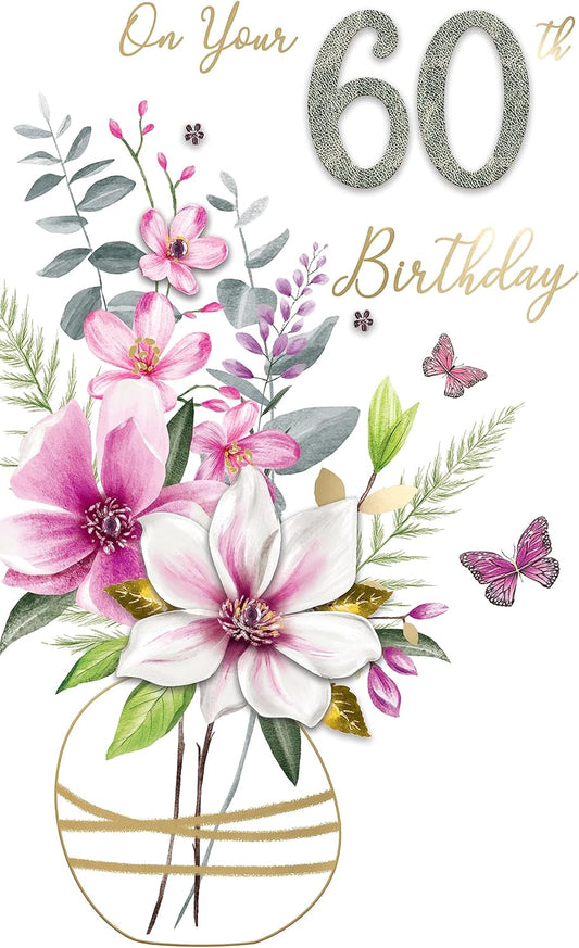 Embellished Vase Of Flowers 60th Birthday Card