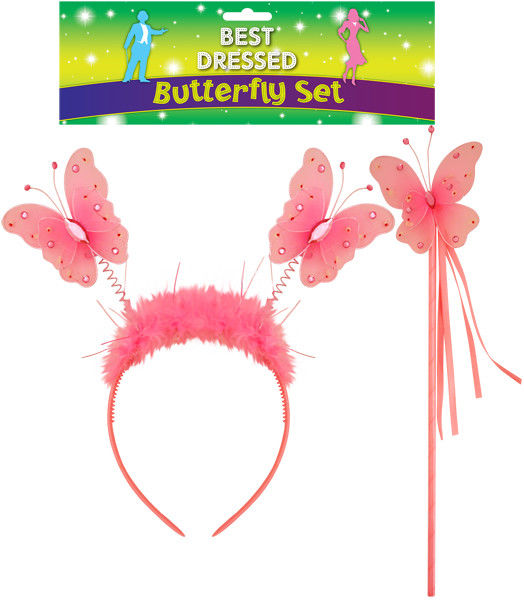 Pack of 2 Pink Butterfly Fairy Princess Wand with Pink Fur Headband