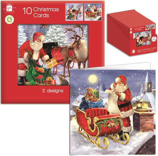 Pack of 10 Square Traditional Santa with Sleigh Christmas Cards