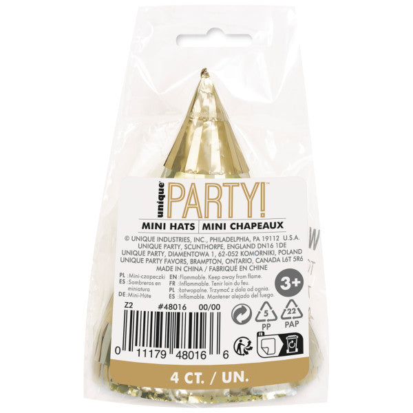 Pack of 4 Mini Gold Foil Fringe Party Hats